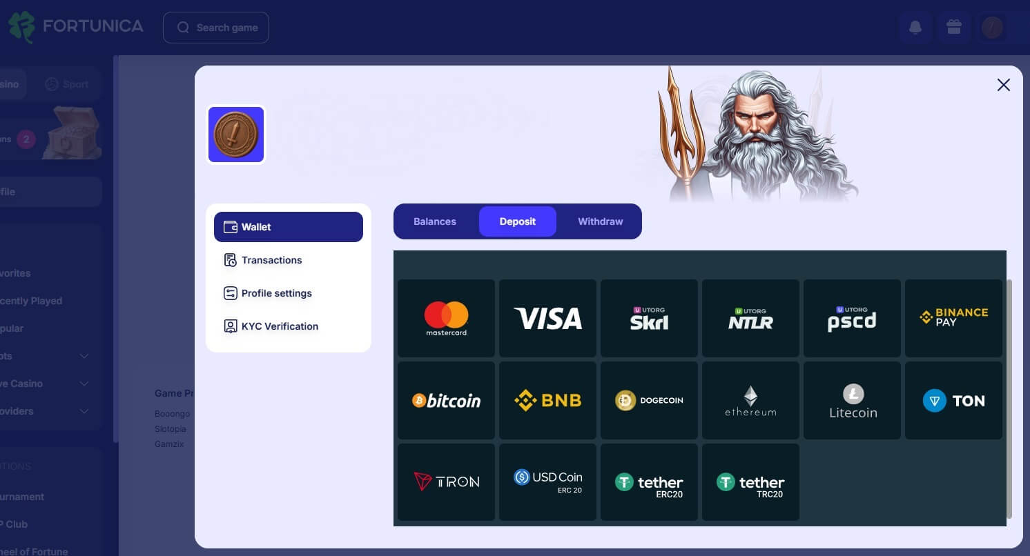 Fortunica casino payment options - supports 11 cryptocurrencies from Bitcoin to Tether.