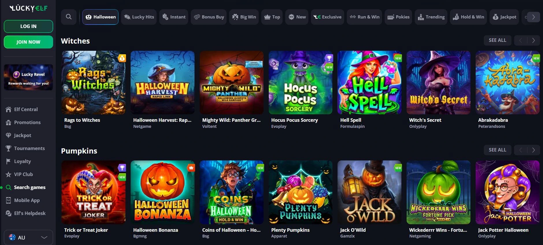 Halloween pokies at Lucky Elf casino online