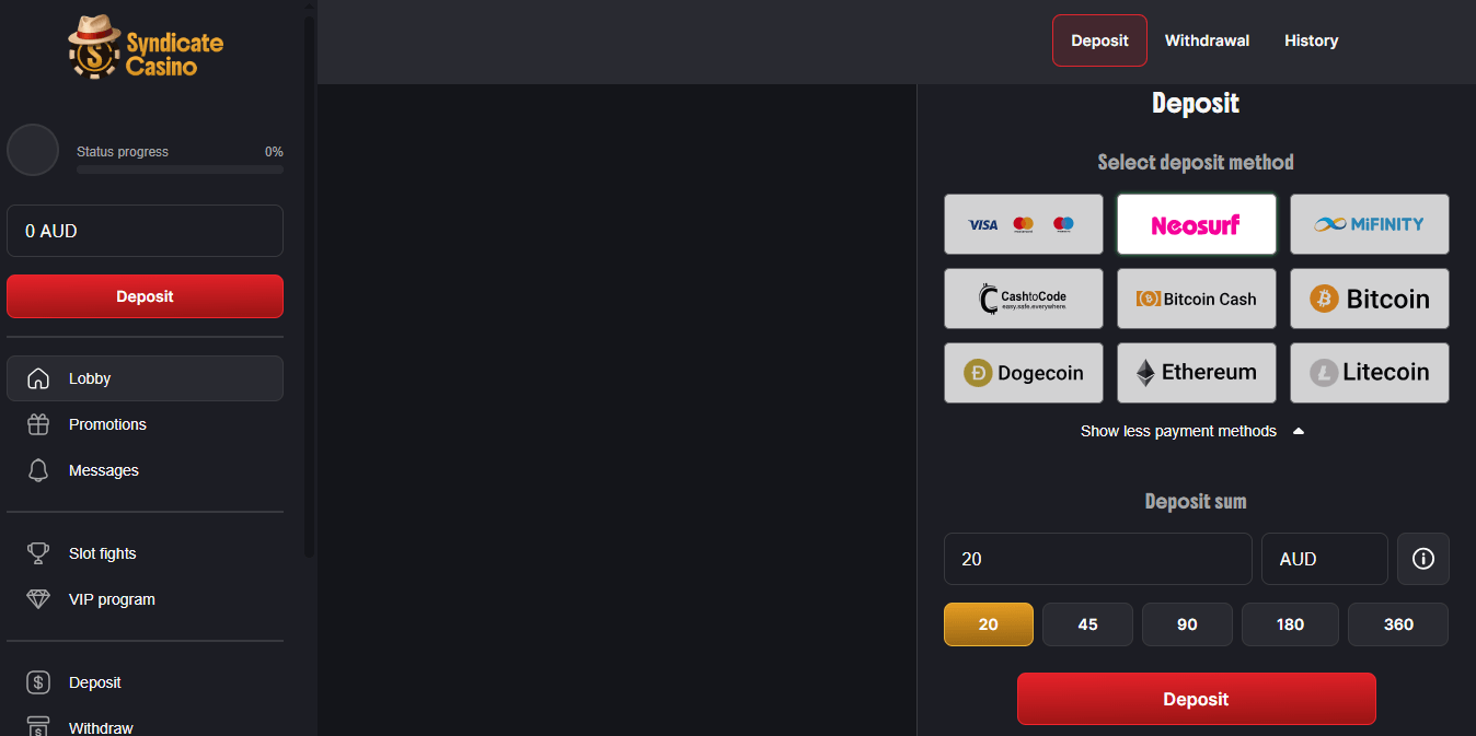 Syndicate Casino interface and deposit options - starting at 20 AUD